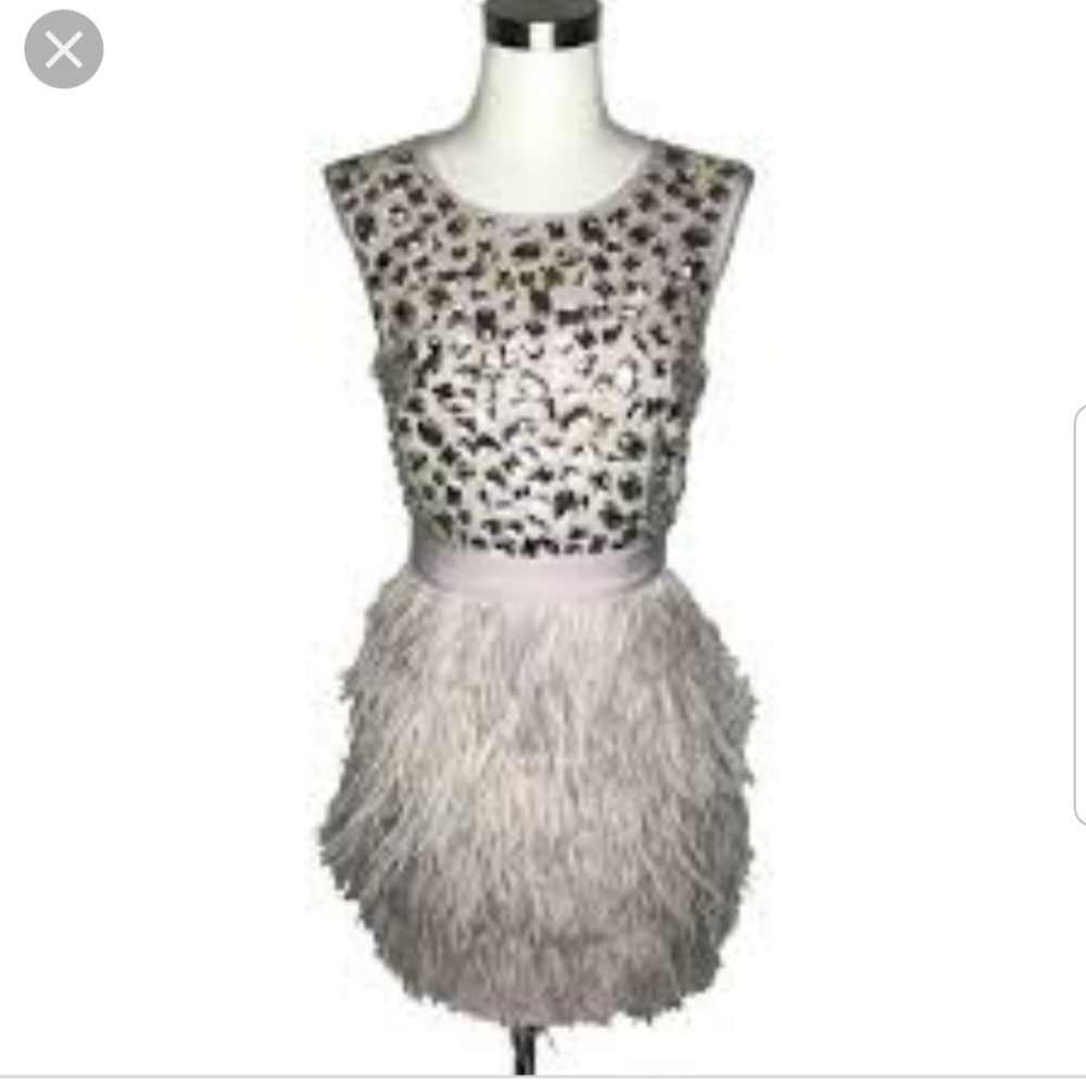 BEBE Rhinestone & Feather Dress